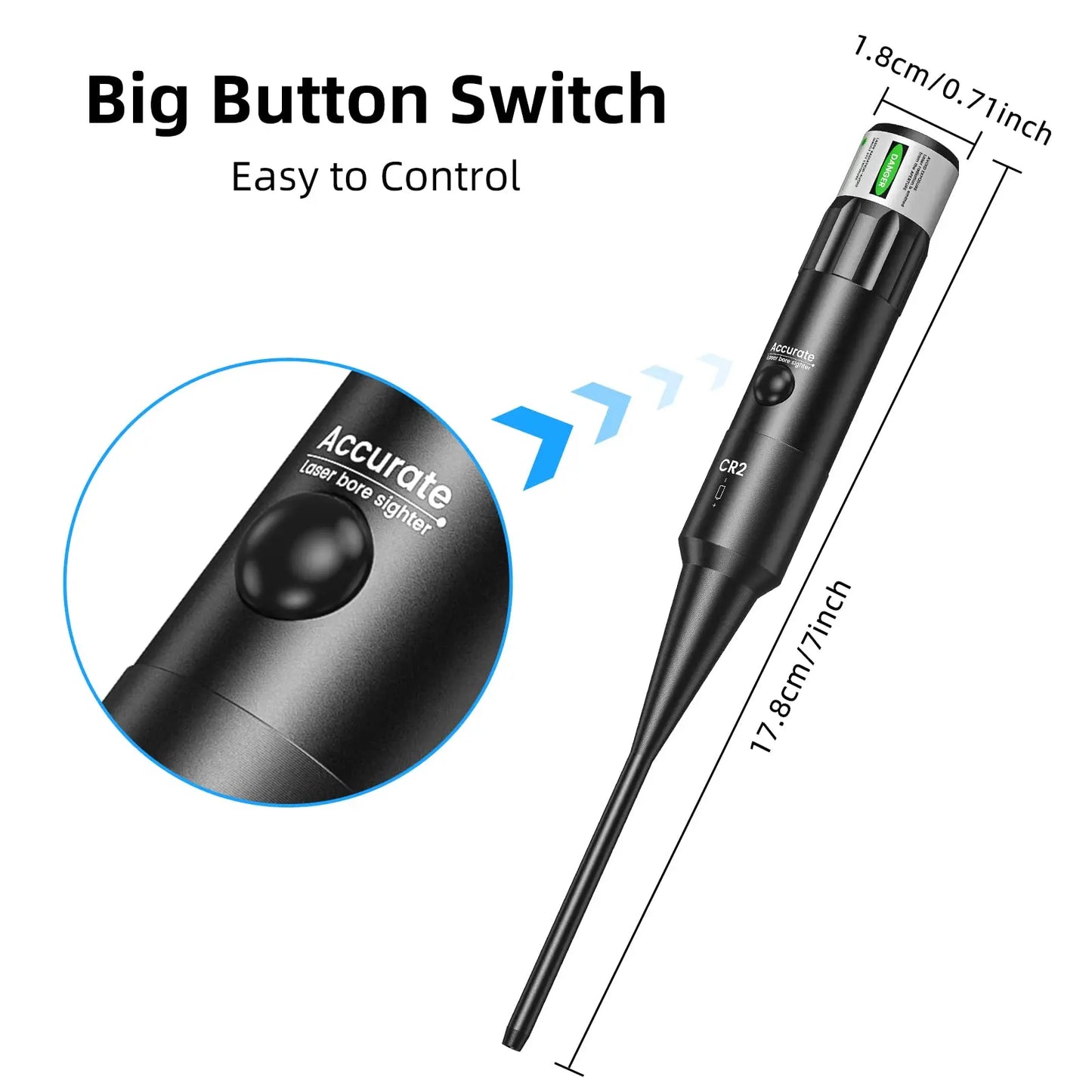 Bore Sight Kit. Bright Green Dot with Big Button Switch for .17 to 12GA Caliber