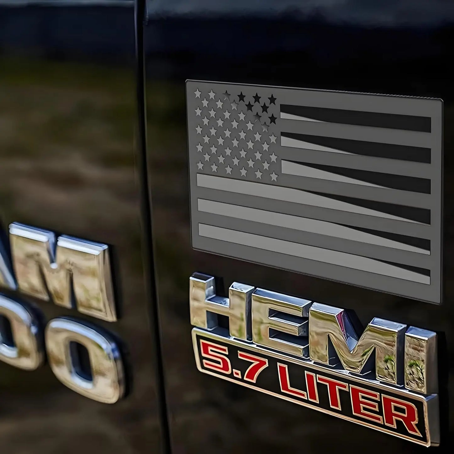 1 Pair 3"x5" Embossed Metal Black American Flag Stickers.