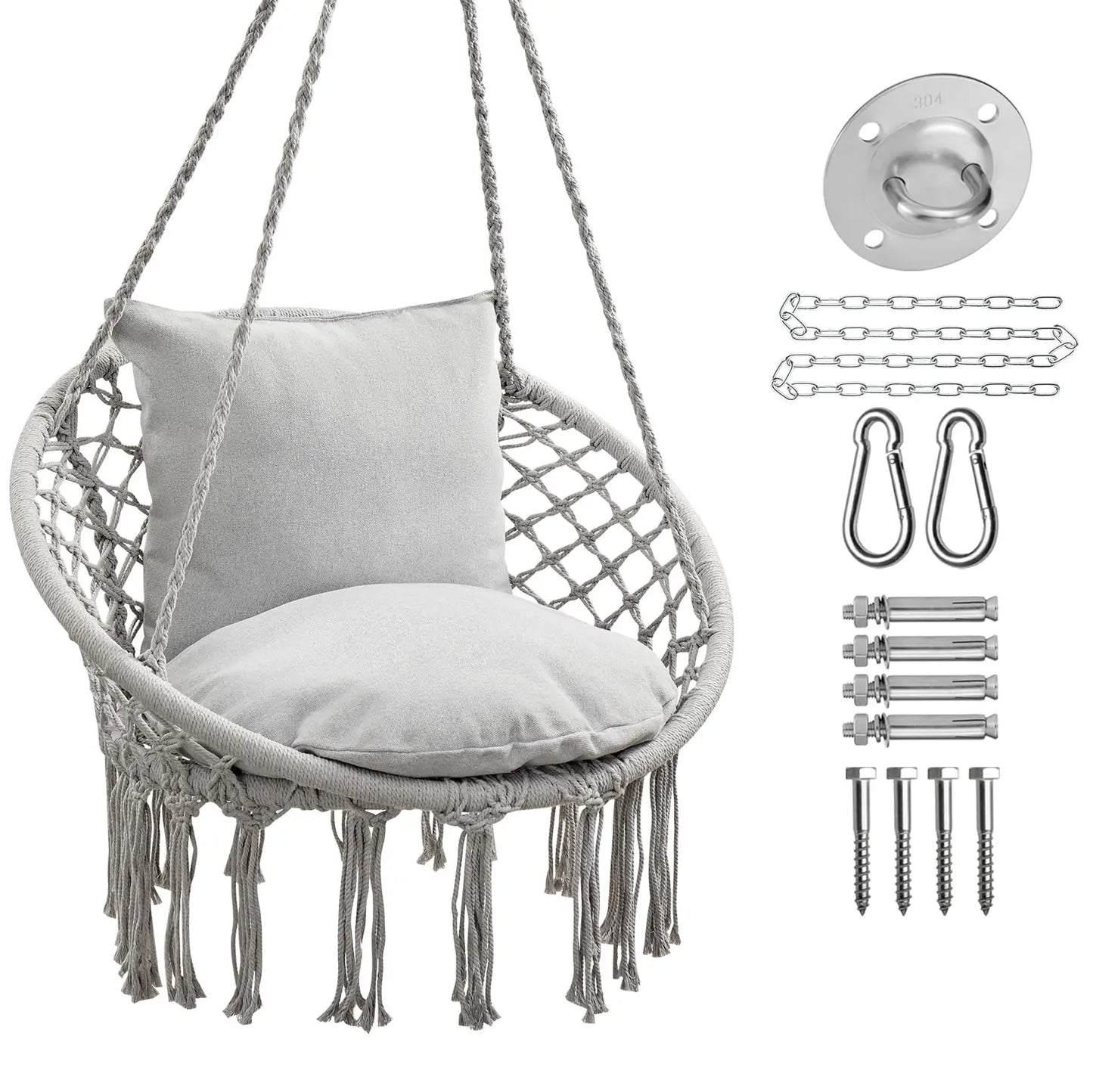 Macrame Hammock Chair Hanging Swing Chair 330 Lbs capacity with 2 Cushions and Hardware Kits