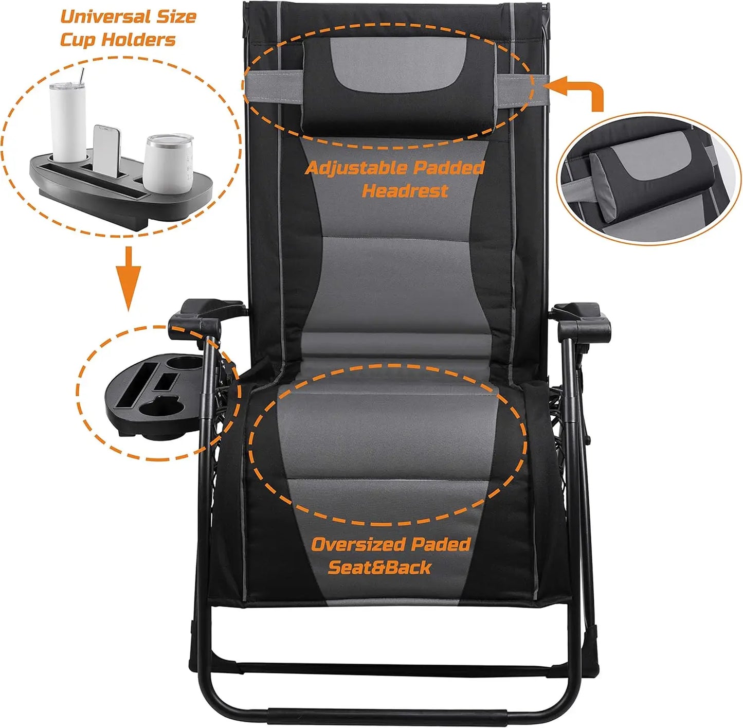 Oversize Recliner Folding Chair. Zero Gravity Extra Wide Reclining with Padded Seats