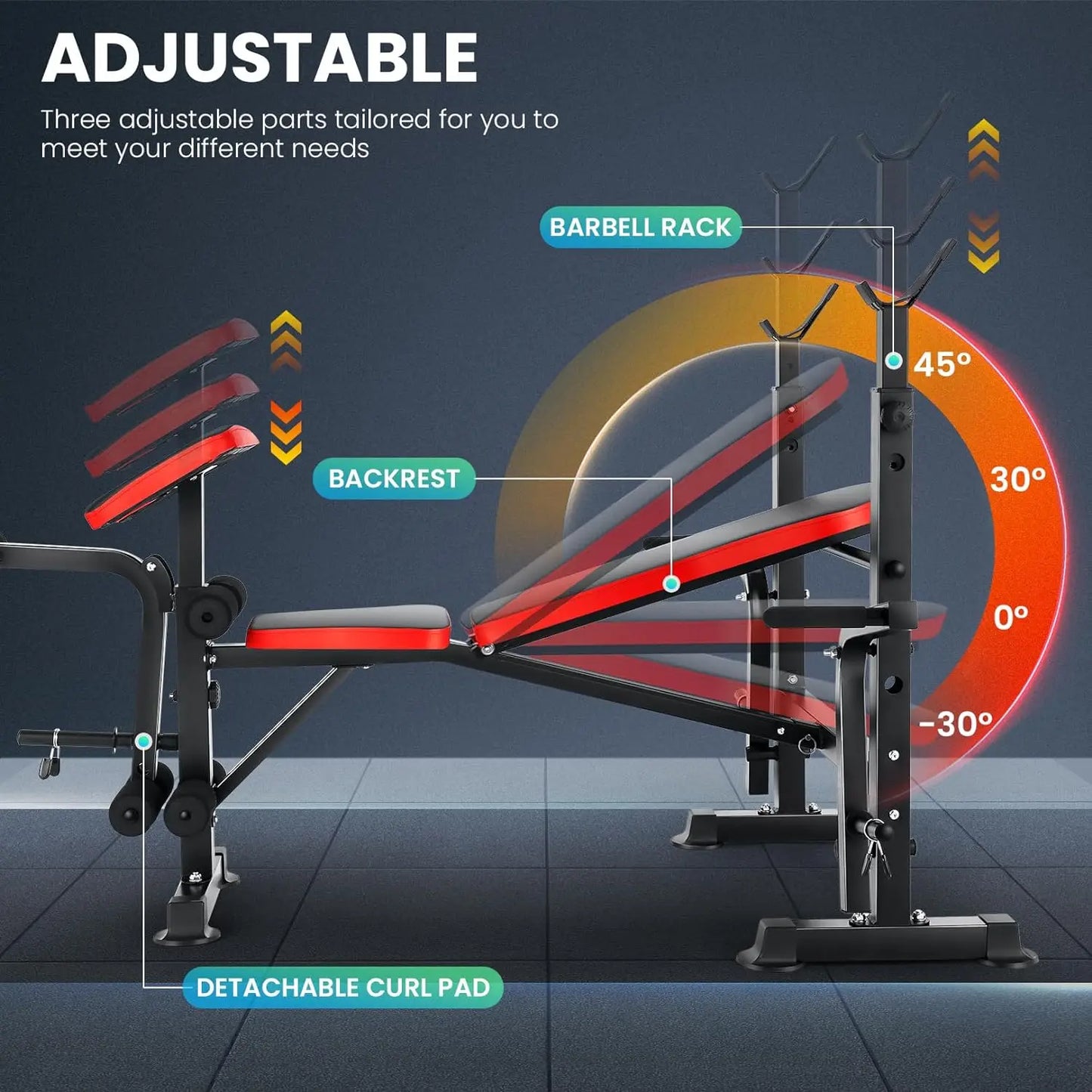 660 lbs Weight Bench with Squat & Barbell Rack.  Adjustable Incline Strength Training Workout