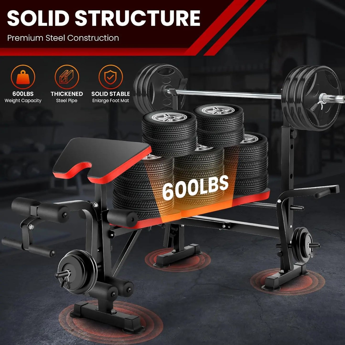 660 lbs Weight Bench with Squat & Barbell Rack.  Adjustable Incline Strength Training Workout
