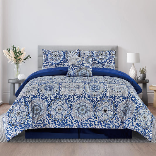 Reversible 5pc Comforter Set, Printed Microfiber Bed in a Bag,