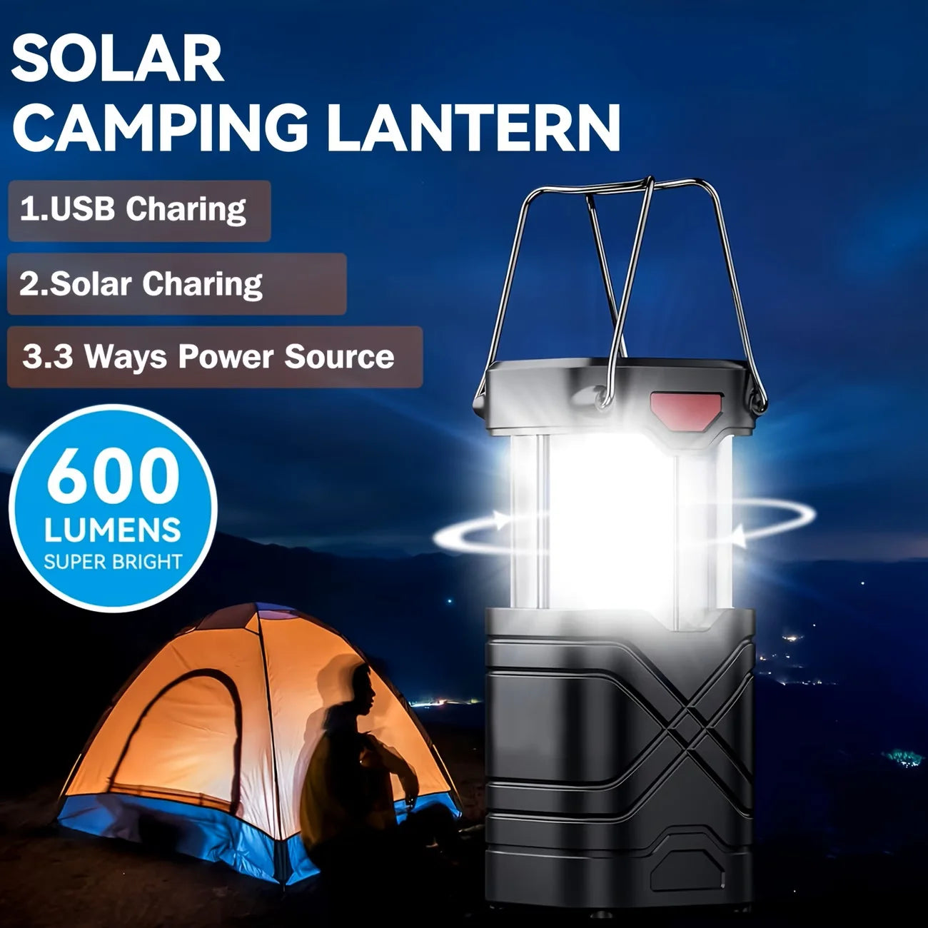 Solar Camping Lantern 2/4-Pack, Rechargeable LED with Flashlight.