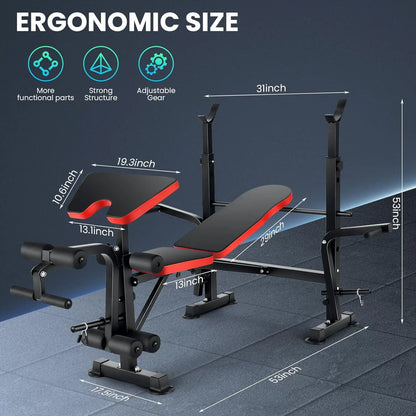660 lbs Weight Bench with Squat & Barbell Rack.  Adjustable Incline Strength Training Workout