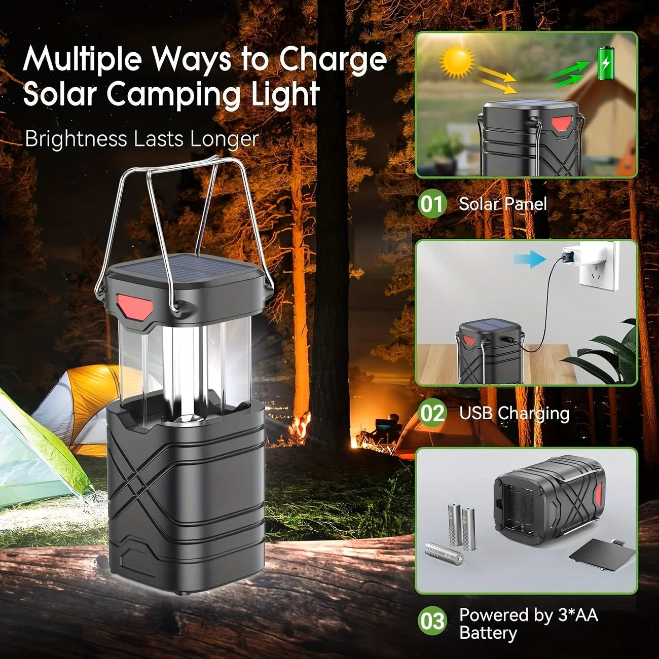 Solar Camping Lantern 2/4-Pack, Rechargeable LED with Flashlight.