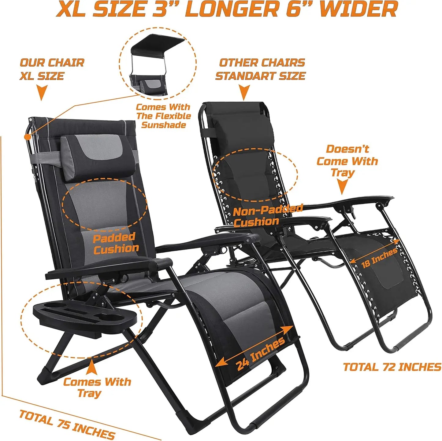 Oversize Recliner Folding Chair. Zero Gravity Extra Wide Reclining with Padded Seats