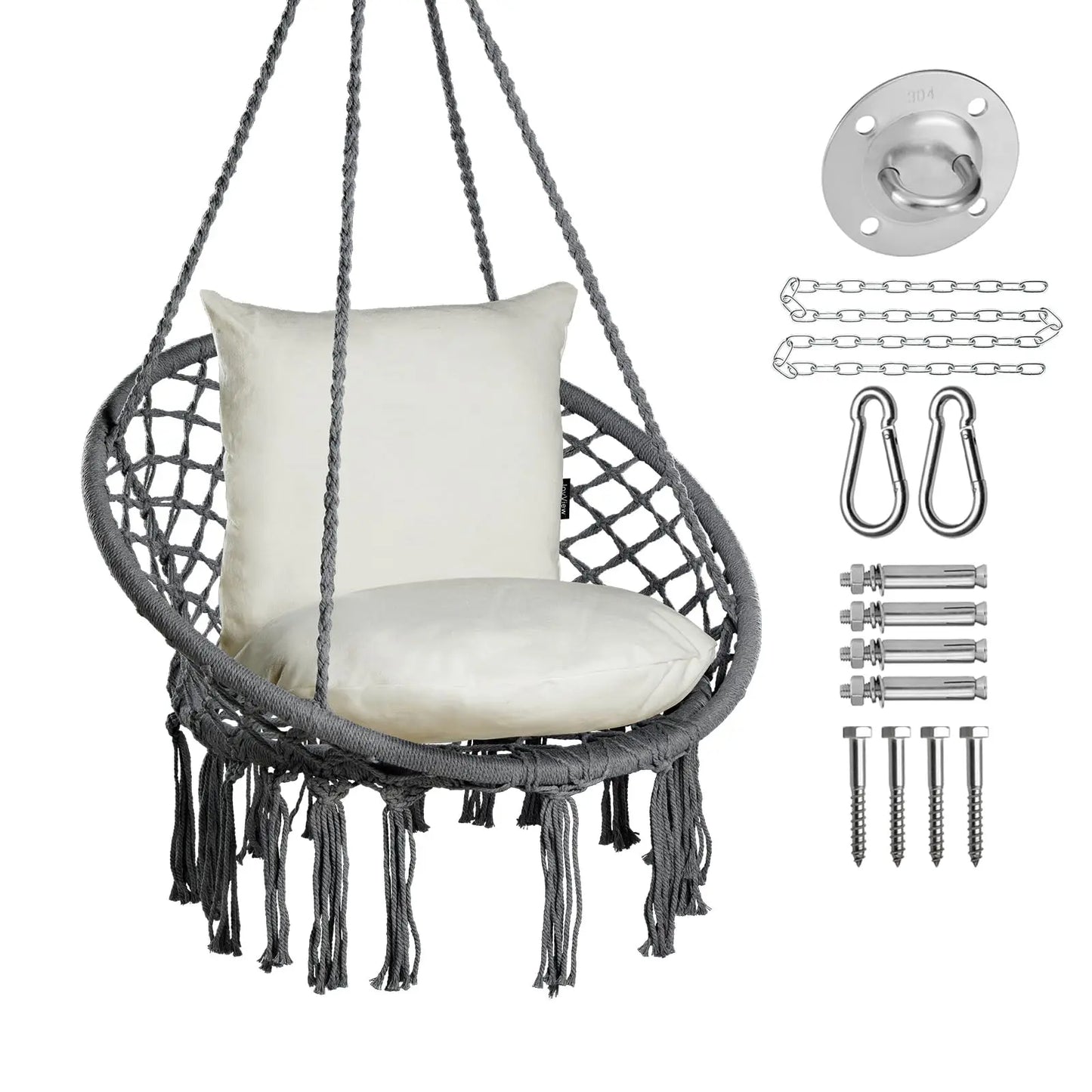 Macrame Hammock Chair Hanging Swing Chair 330 Lbs capacity with 2 Cushions and Hardware Kits