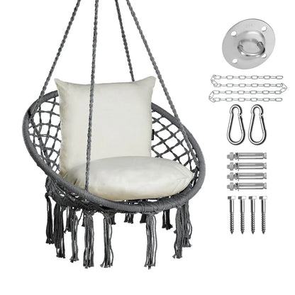 Macrame Hammock Chair Hanging Swing Chair 330 Lbs capacity with 2 Cushions and Hardware Kits