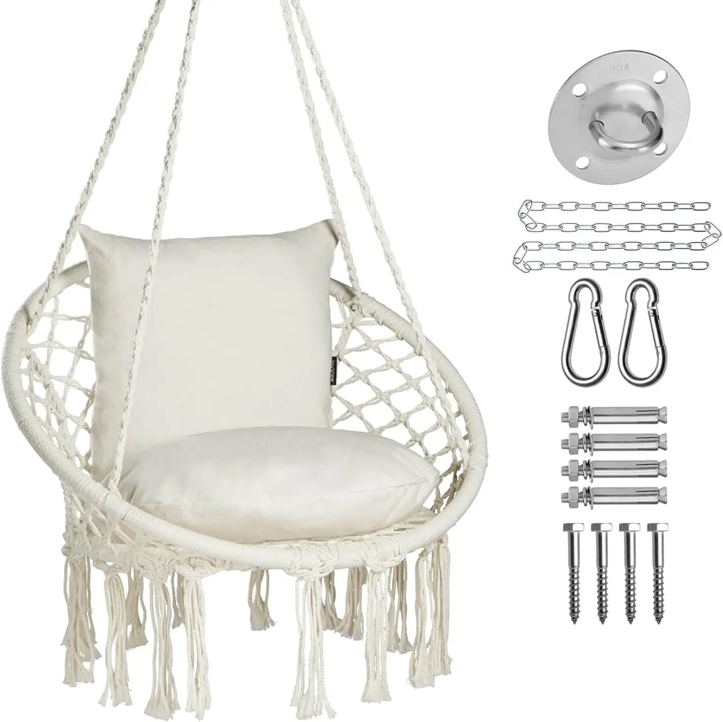 Macrame Hammock Chair Hanging Swing Chair 330 Lbs capacity with 2 Cushions and Hardware Kits