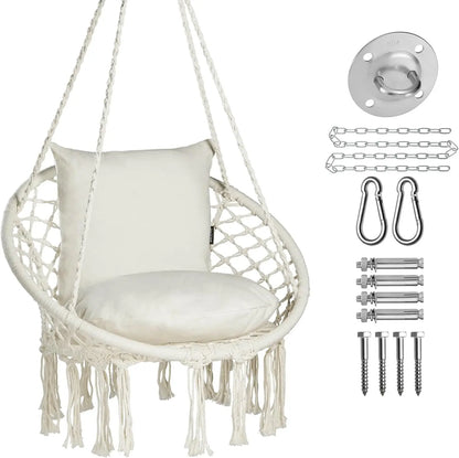 Macrame Hammock Chair Hanging Swing Chair 330 Lbs capacity with 2 Cushions and Hardware Kits