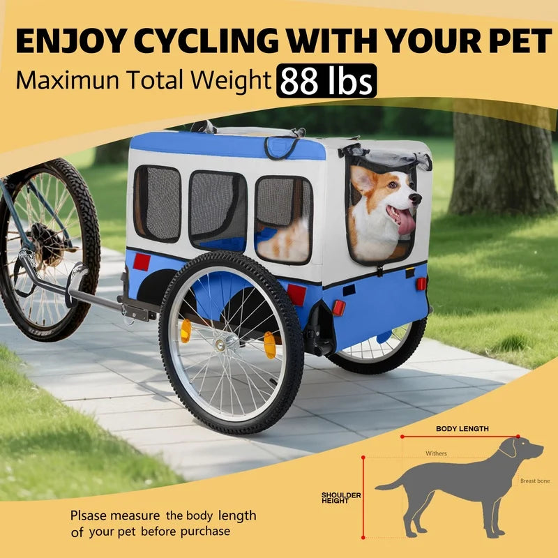 Blue Large Folding Bike Trailer for Dogs, 20×2.125in Heavy-Duty Steel Frame, Spacious All-Terrain Design for Cycling, Jogging, and Camping