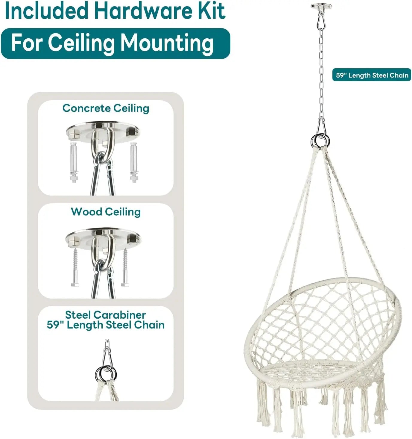 Macrame Hammock Chair Hanging Swing Chair 330 Lbs capacity with 2 Cushions and Hardware Kits