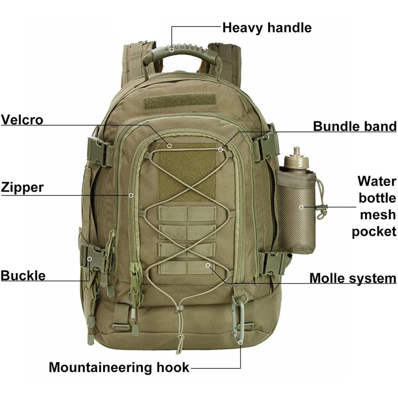 Outdoor Tactical Large Capacity Hiking Bag.  Travelling Camping Rucksack