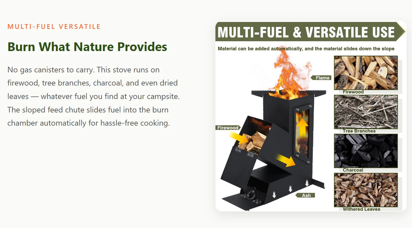 Portable Wood Burning Rocket Stove. Outdoor Cooking For Camping Grill Or Emergency Survival