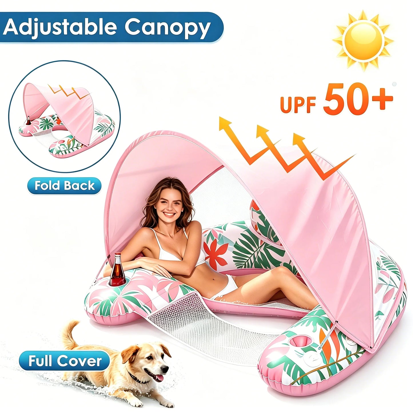 Adult Inflatable Lounge Chair with Adjustable Canopy Sun Shade, Cup and Phone Holder.