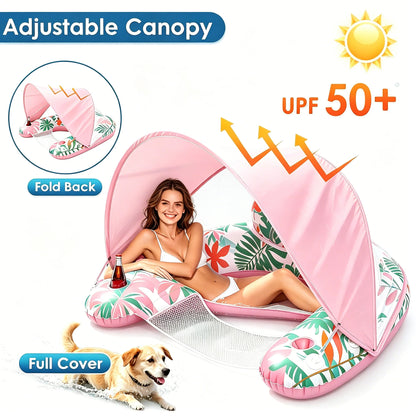 Adult Inflatable Lounge Chair with Adjustable Canopy Sun Shade, Cup and Phone Holder.