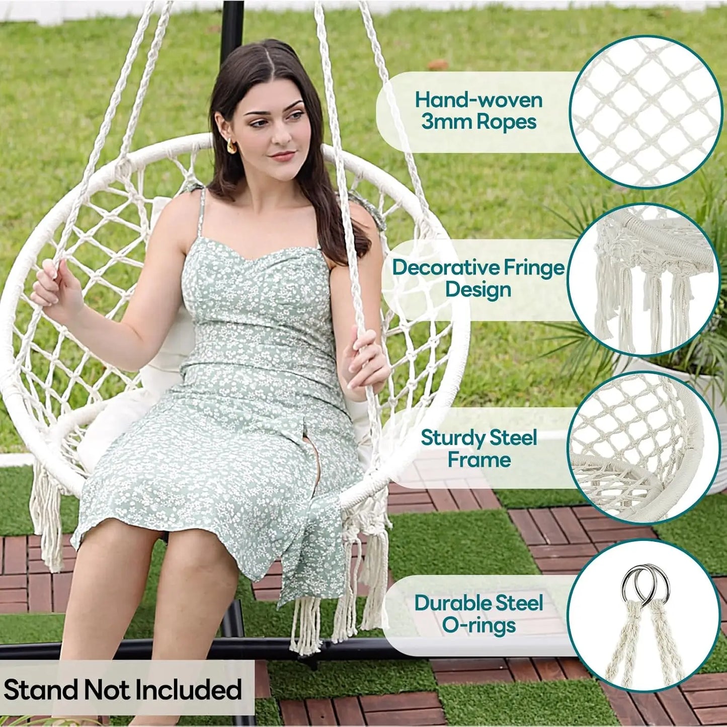 Macrame Hammock Chair Hanging Swing Chair 330 Lbs capacity with 2 Cushions and Hardware Kits