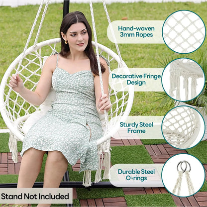 Macrame Hammock Chair Hanging Swing Chair 330 Lbs capacity with 2 Cushions and Hardware Kits