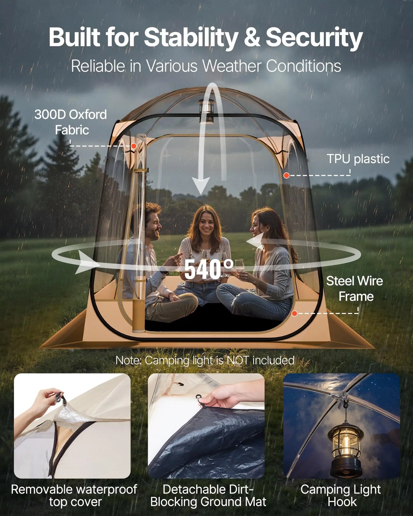 Pop-Up Clear Waterproof Outdoor Dome Shelter With Floor Mat For 1-6 Adults,