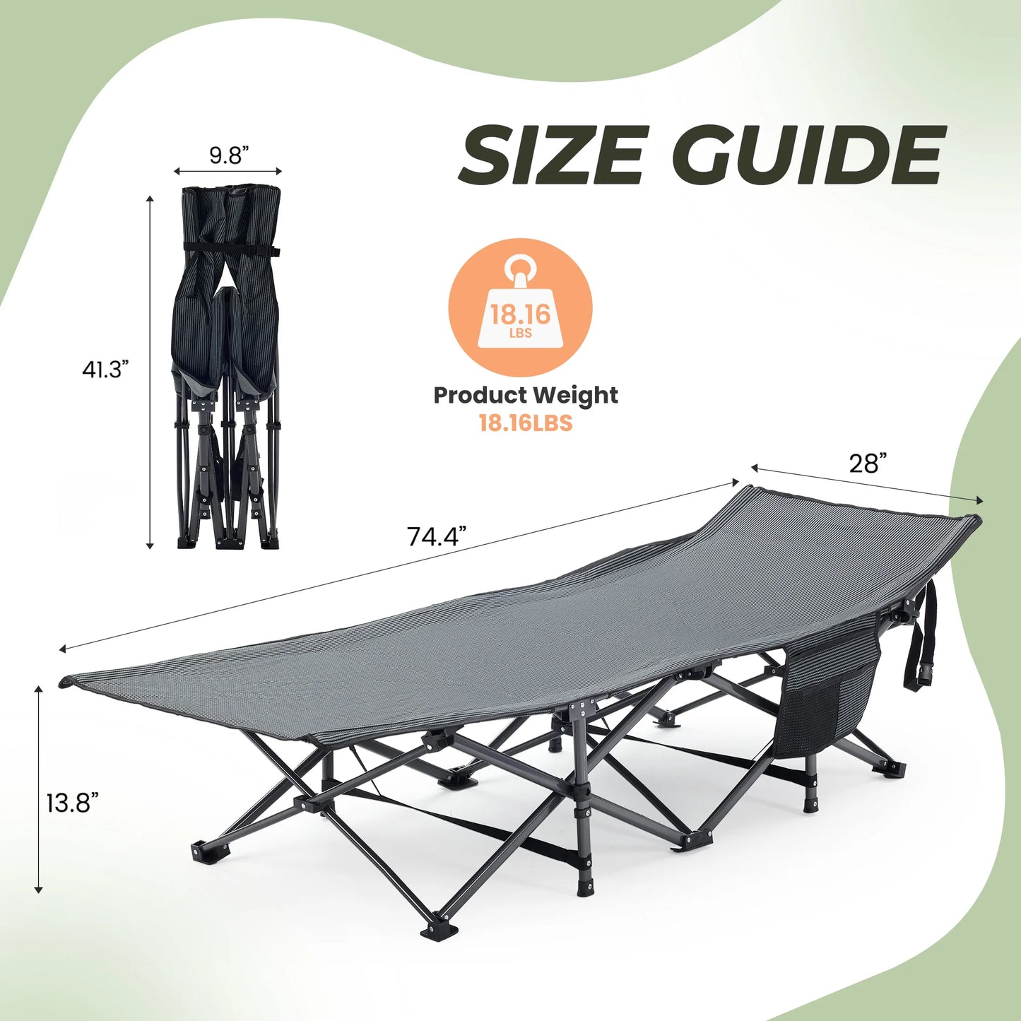 Folding Camping Bed, Beach, Lounge Chair.  3.5'' Cushion. 440 lbs Capacity