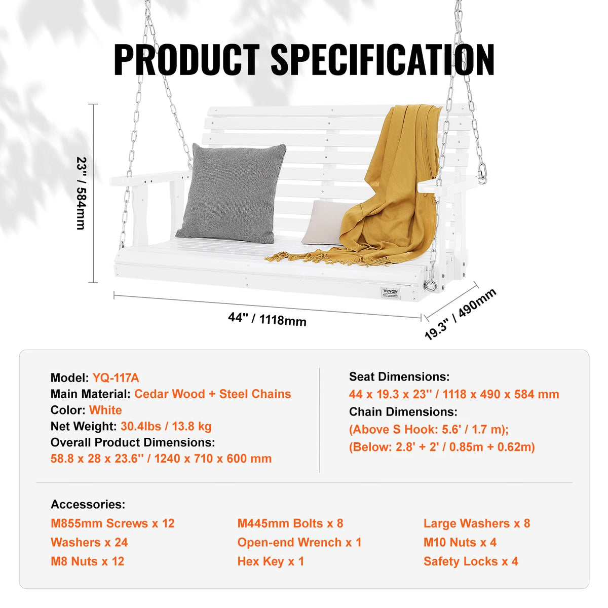 Wooden 5 ft Porch Swing  Rated For Up To 880 lbs