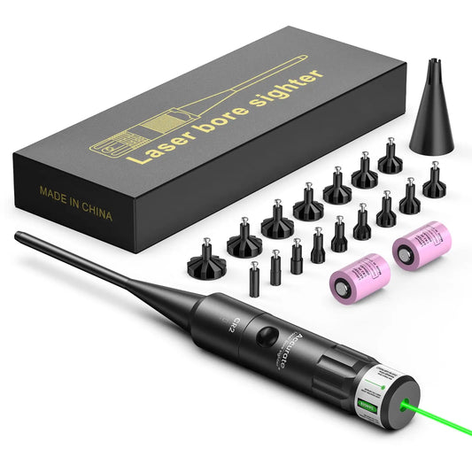 Bore Sight Kit. Bright Green Dot with Big Button Switch for .17 to 12GA Caliber