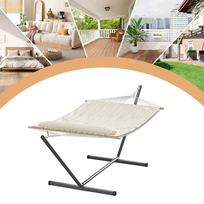 2 Person Double Hammock with Stand, Heavy Duty Outdoor Hammock with Adjustable Steel Frame & Pillow, Portable Camping Hammock for Patio Backyard Beach Garden