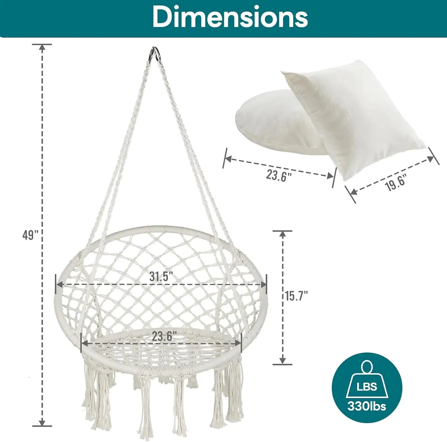 Macrame Hammock Chair Hanging Swing Chair 330 Lbs capacity with 2 Cushions and Hardware Kits