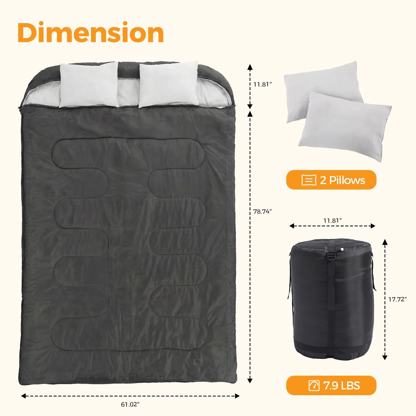 Lightweight 3 Season Portable Double Sleeping Bag with Pillow