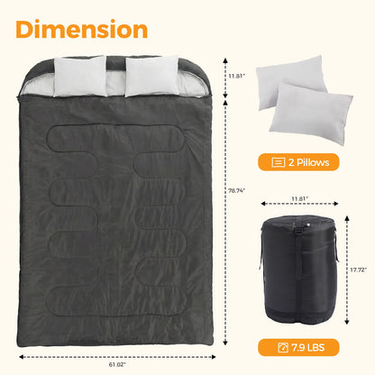 Lightweight 3 Season Portable Double Sleeping Bag with Pillow