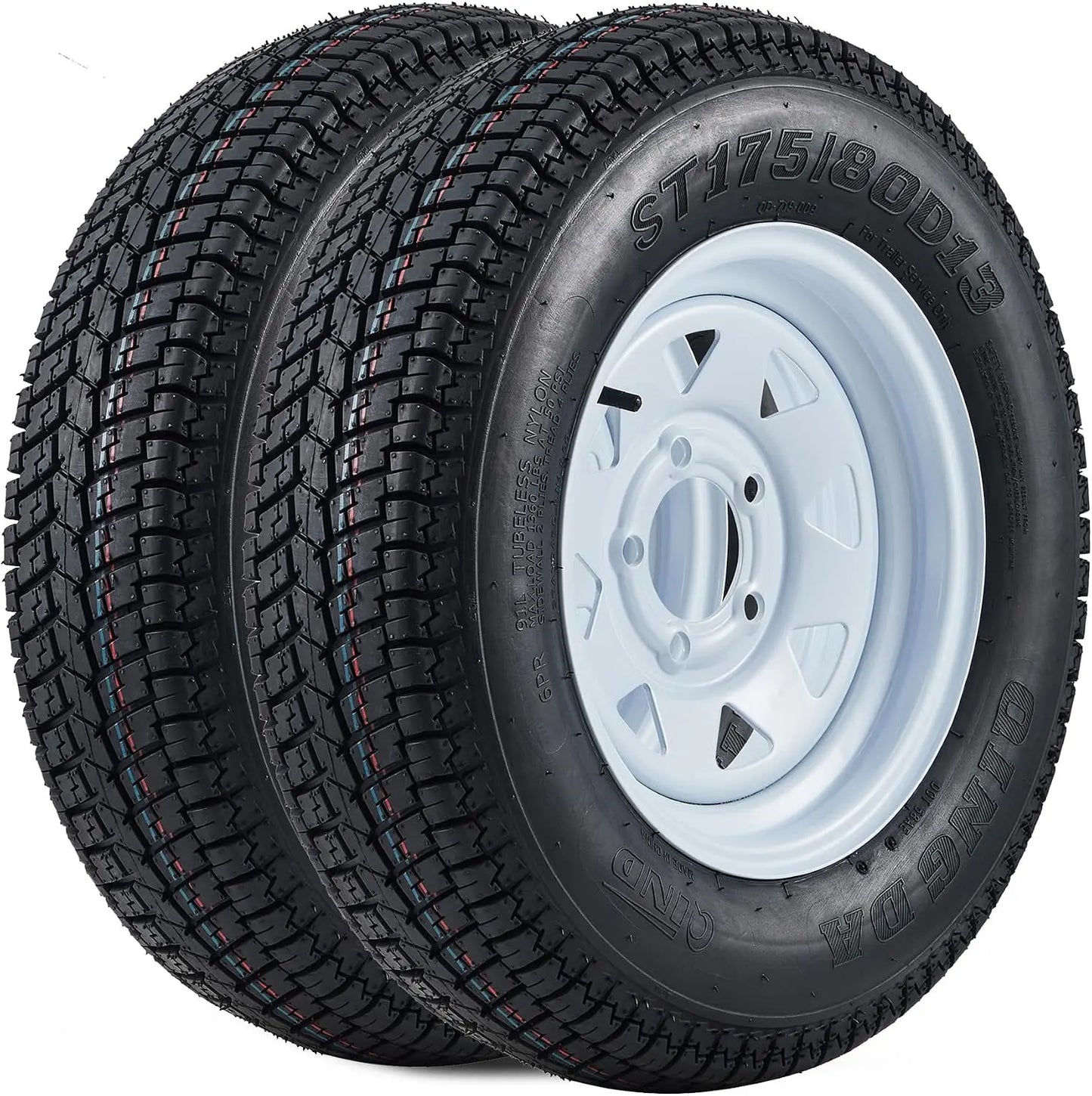 2-Pack Trailer Tires On Rim ST175/80D13 175 80 13 Load Range C 5-Lug on 4.5 inch White Spoke Wheels