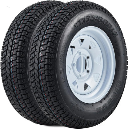 2-Pack Trailer Tires On Rim ST175/80D13 175 80 13 Load Range C 5-Lug on 4.5 inch White Spoke Wheels