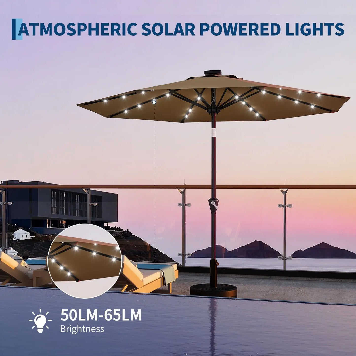 10FT Solar Powered Patio Umbrella With 32 LED Lights