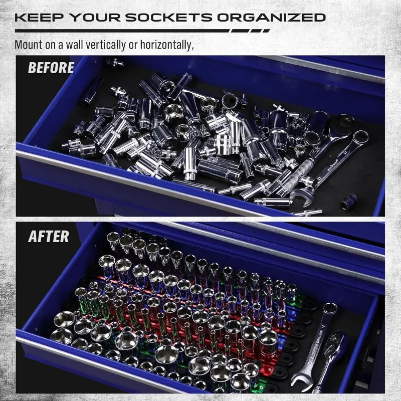 The socket organizer for toolbox drawers can accommodate 120 standard sized car garage sockets