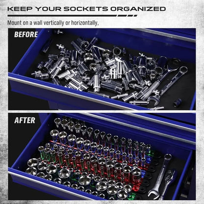 The socket organizer for toolbox drawers can accommodate 120 standard sized car garage sockets