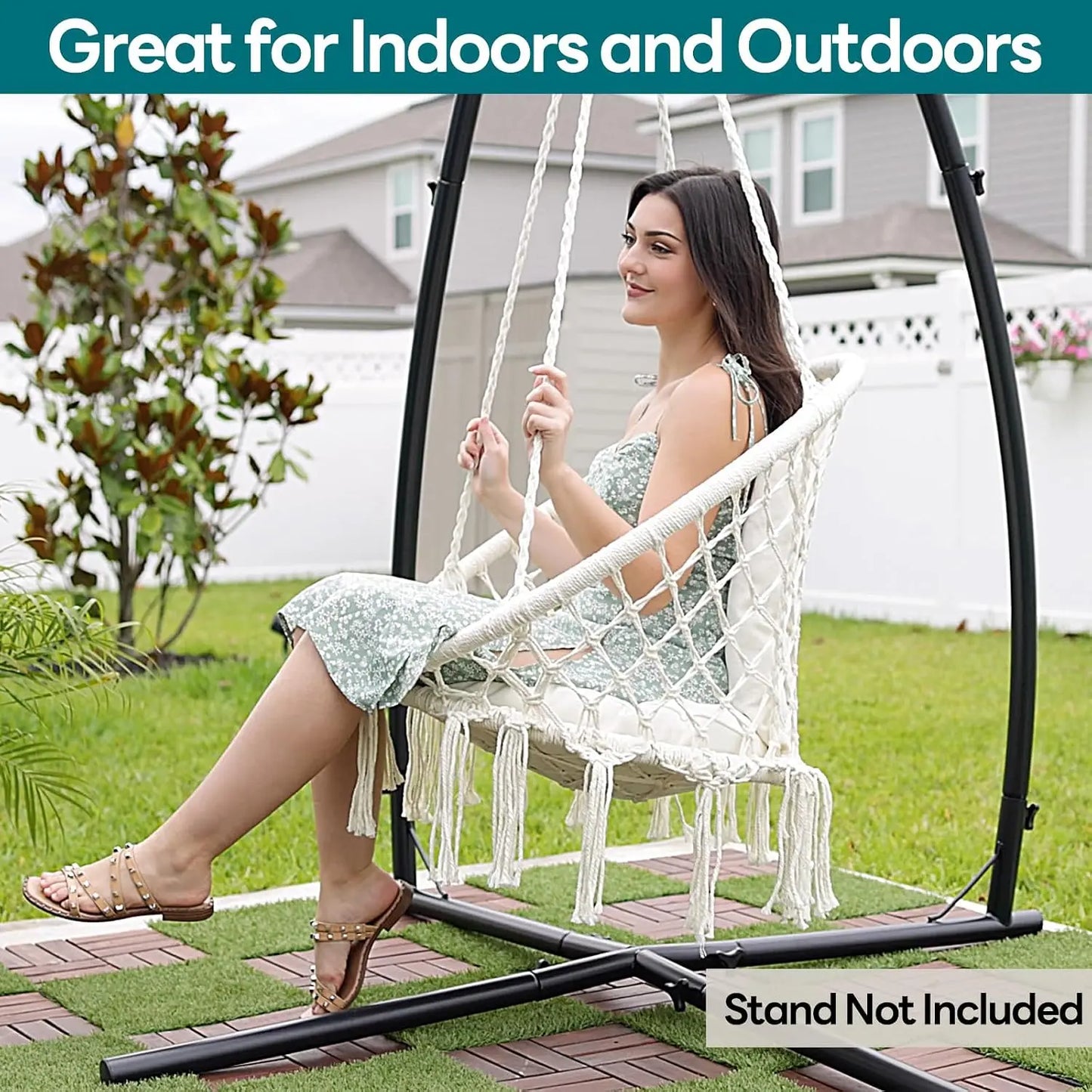 Macrame Hammock Chair Hanging Swing Chair 330 Lbs capacity with 2 Cushions and Hardware Kits