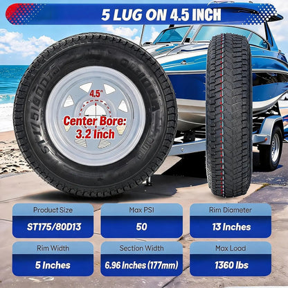 2-Pack Trailer Tires On Rim ST175/80D13 175 80 13 Load Range C 5-Lug on 4.5 inch White Spoke Wheels