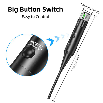 Bore Sight Kit. Bright Green Dot with Big Button Switch for .17 to 12GA Caliber