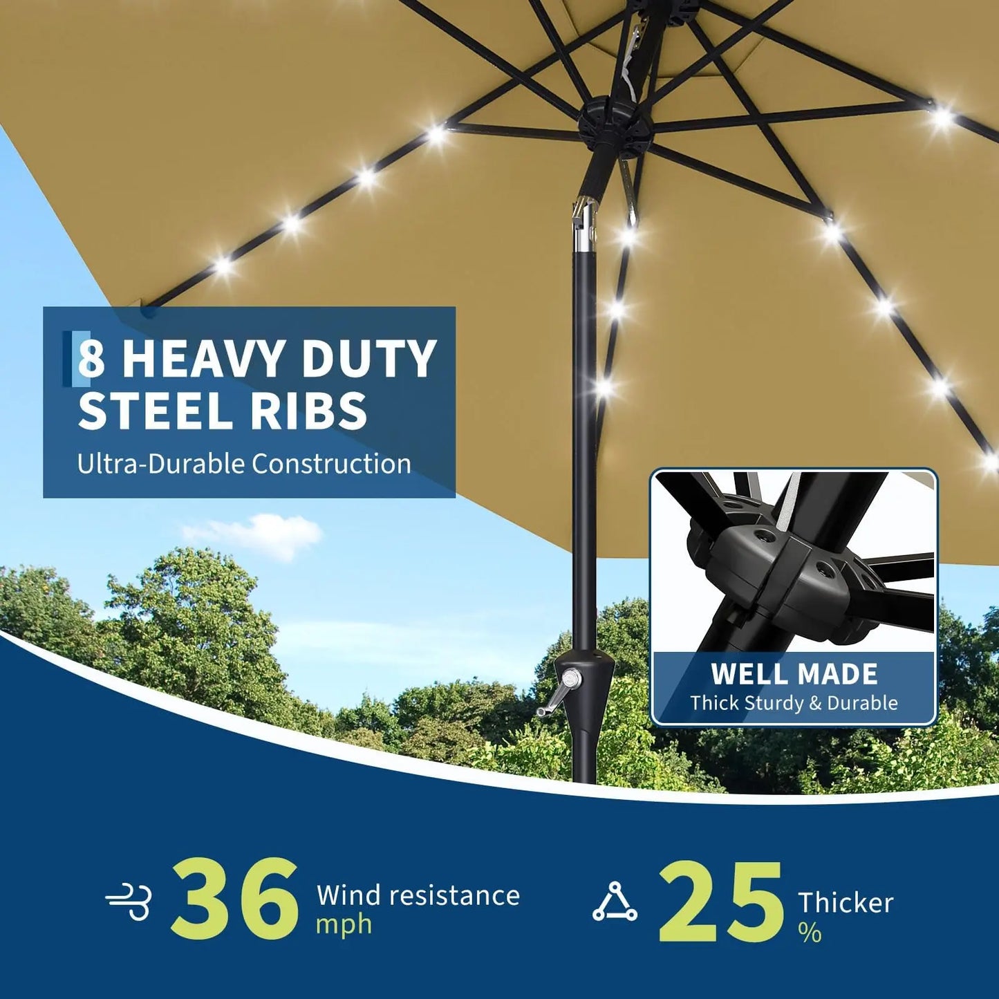10FT Solar Powered Patio Umbrella With 32 LED Lights