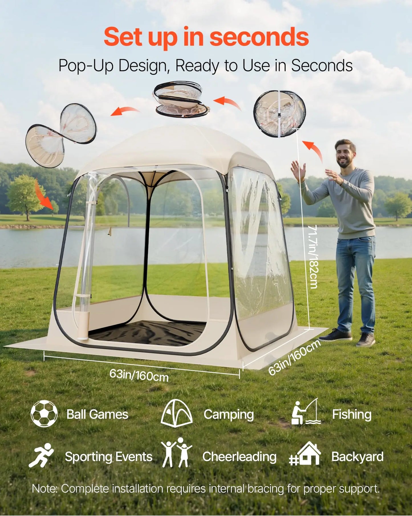 Pop-Up Clear Waterproof Outdoor Dome Shelter With Floor Mat For 1-6 Adults,