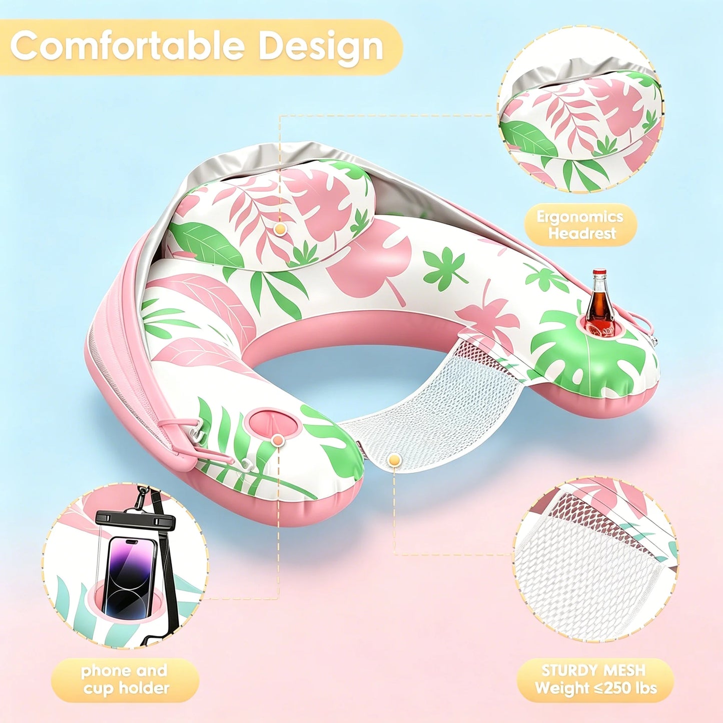 Adult Inflatable Lounge Chair with Adjustable Canopy Sun Shade, Cup and Phone Holder.