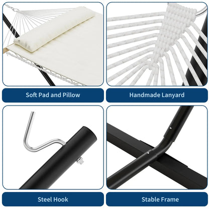 2 Person Double Hammock with Stand, Adjustable Steel Frame & Pillow,