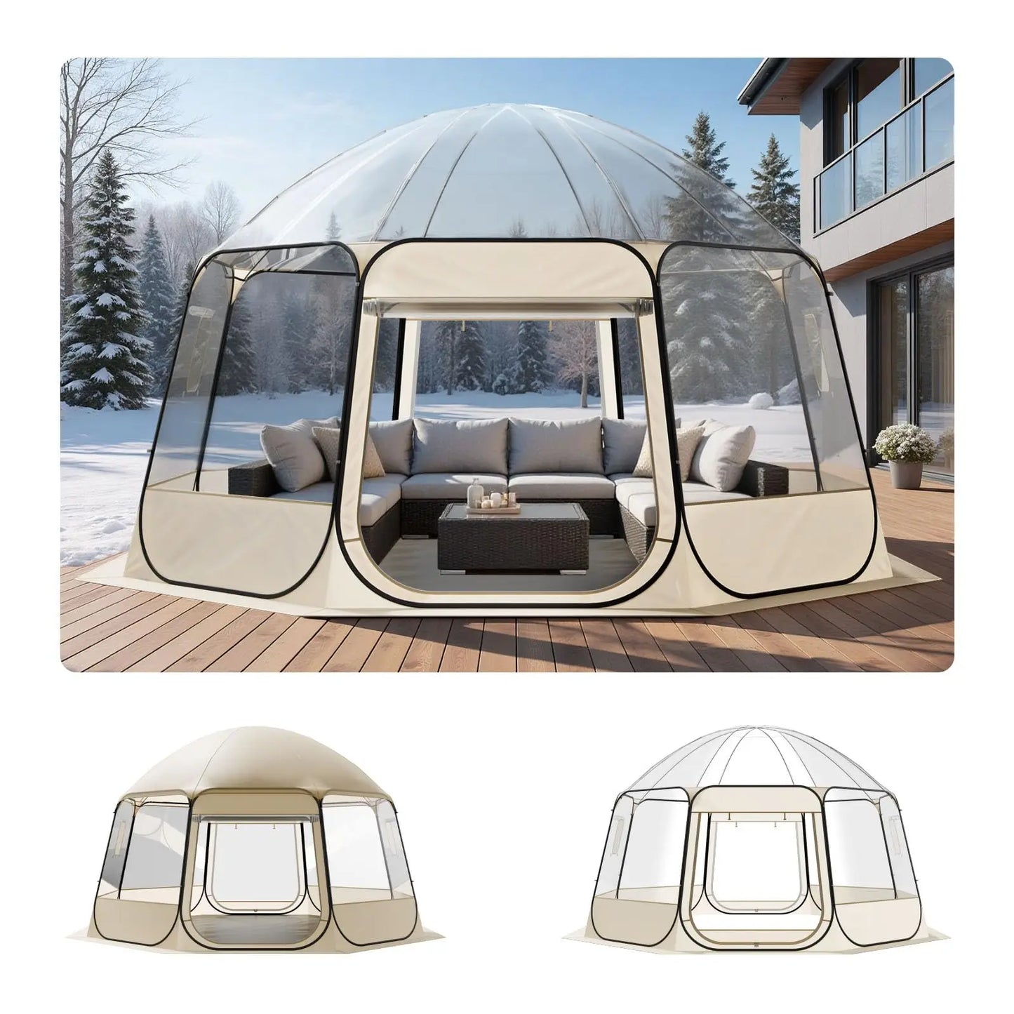 Pop-Up Clear Waterproof Outdoor Dome Shelter With Floor Mat For 1-6 Adults,