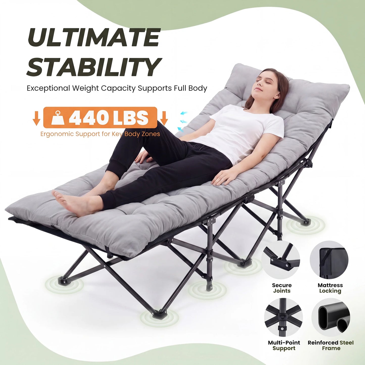 Folding Camping Bed, Beach, Lounge Chair.  3.5'' Cushion. 440 lbs Capacity