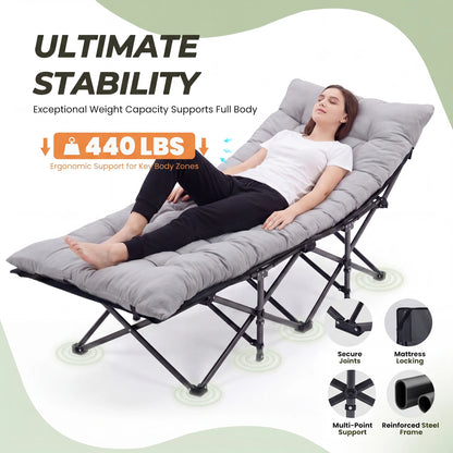 Folding Camping Bed, Beach, Lounge Chair.  3.5'' Cushion. 440 lbs Capacity