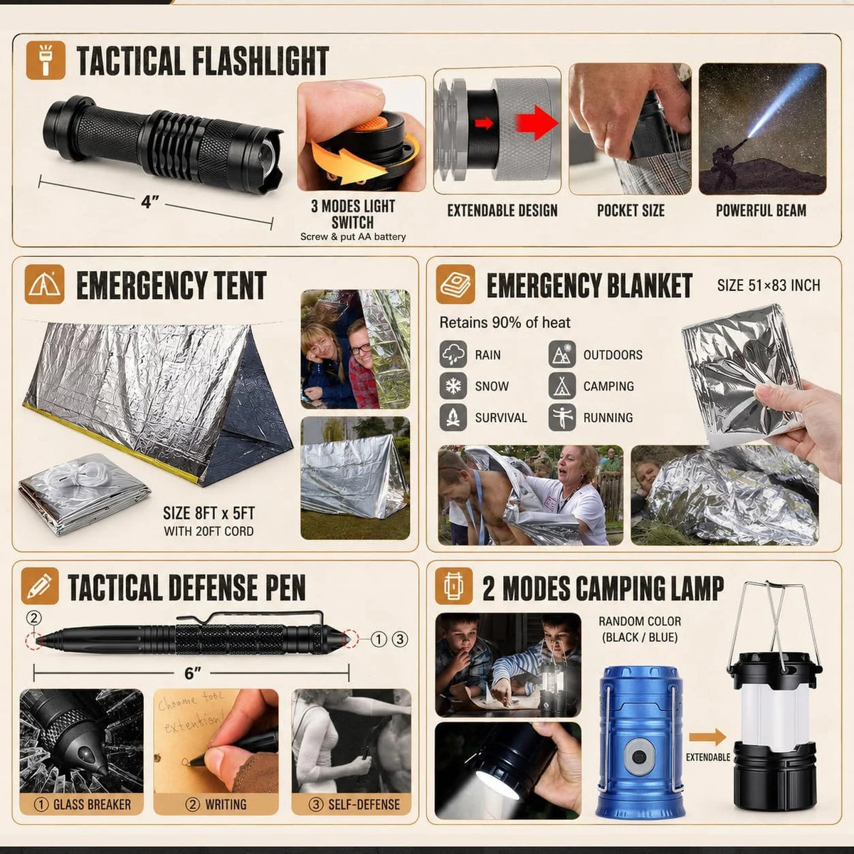 258-Piece Emergency Travel Tactical Kit. Hiking and Camping Essential Backpack