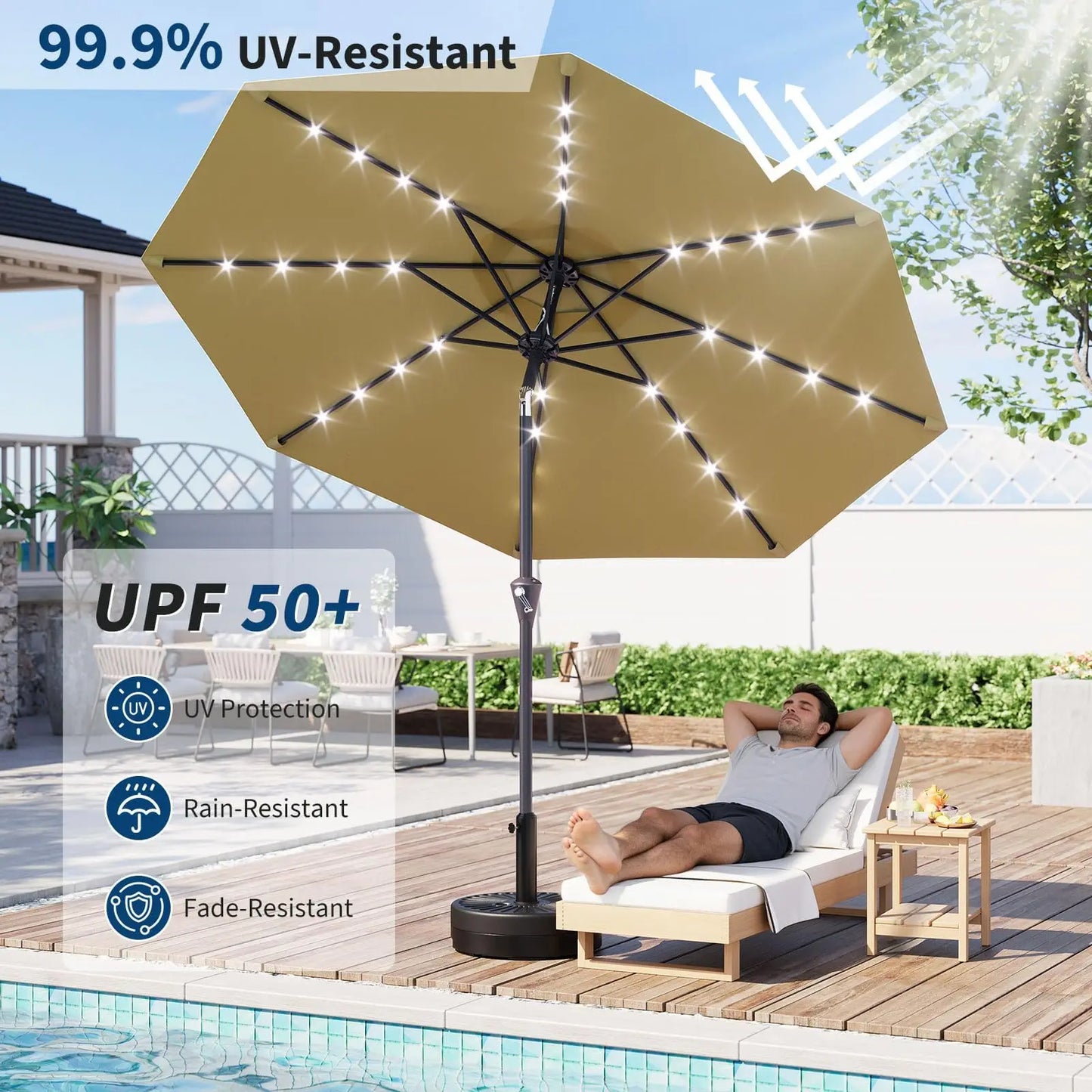 10FT Solar Powered Patio Umbrella With 32 LED Lights
