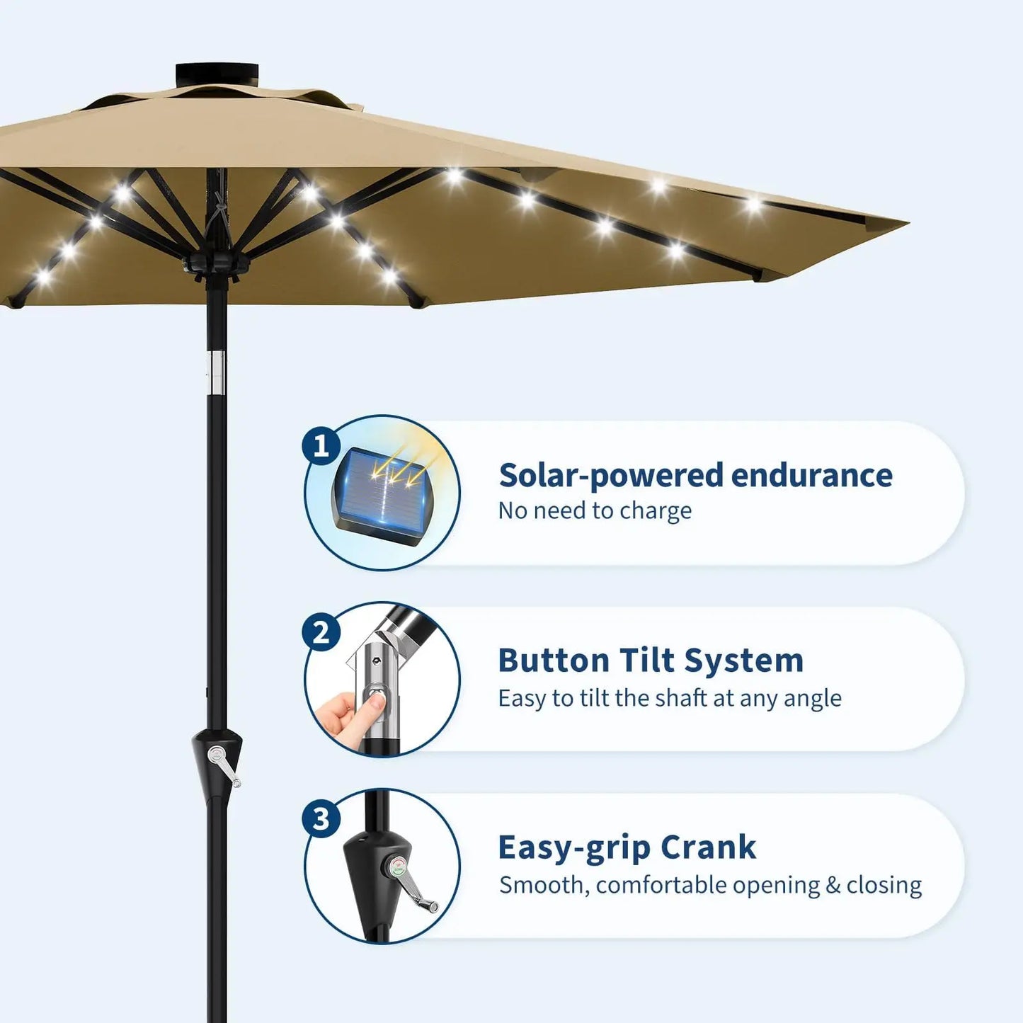 10FT Solar Powered Patio Umbrella With 32 LED Lights