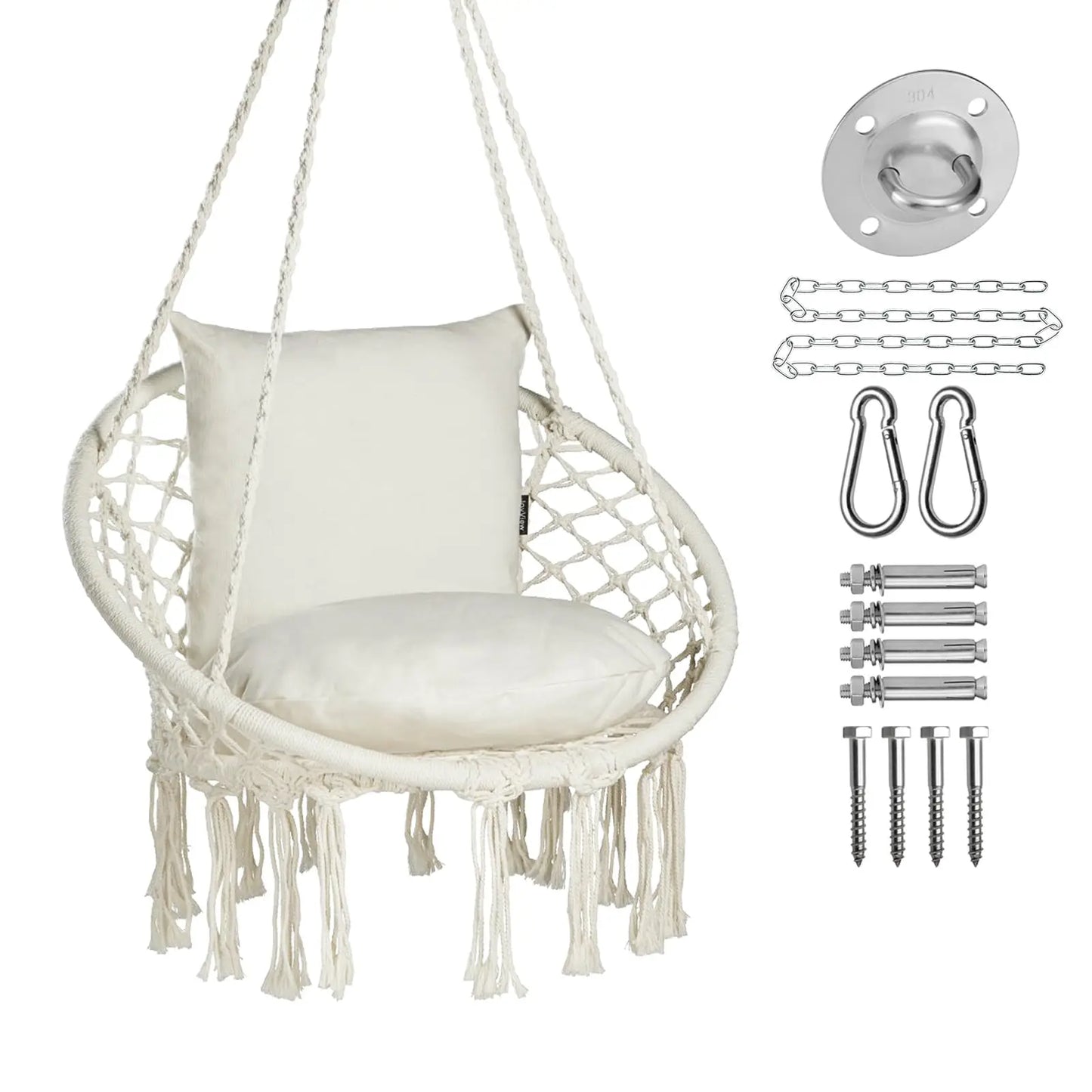 Macrame Hammock Chair Hanging Swing Chair 330 Lbs capacity with 2 Cushions and Hardware Kits